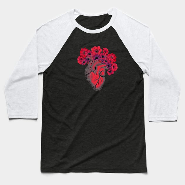 human heart color red with crow flowers blood red Baseball T-Shirt by Collagedream